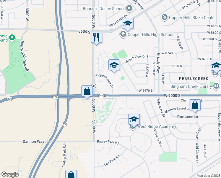 map of restaurants, bars, coffee shops, grocery stores, and more near 8952 Copperwood Drive in West Jordan