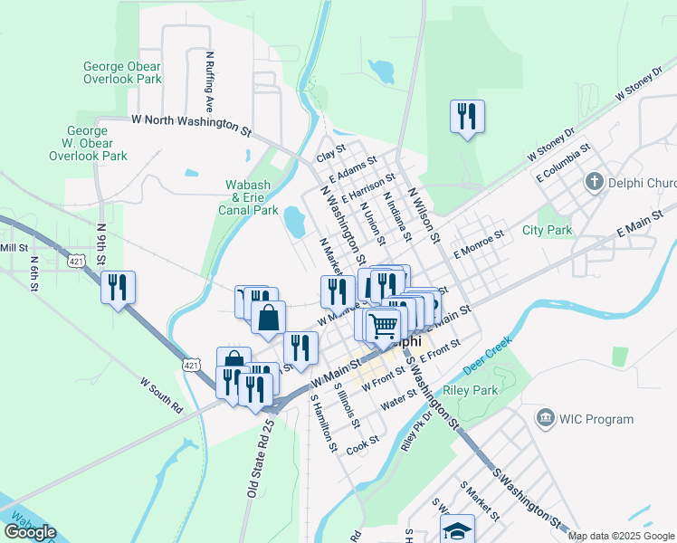 map of restaurants, bars, coffee shops, grocery stores, and more near 368 North Market Street in Delphi