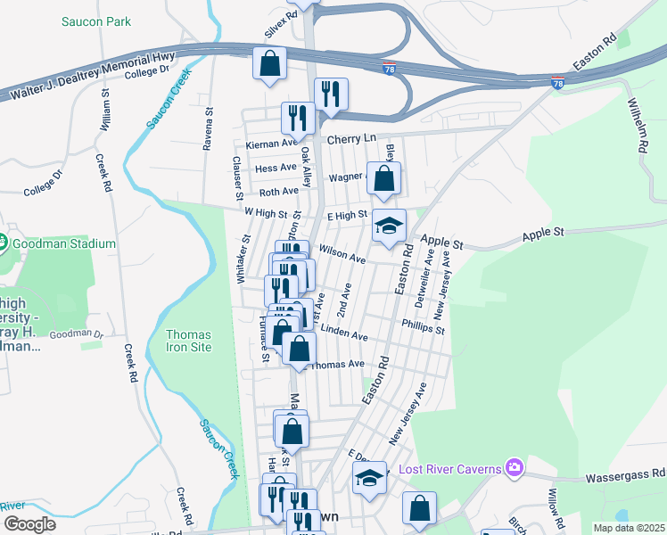 map of restaurants, bars, coffee shops, grocery stores, and more near 1335 1st Avenue in Hellertown