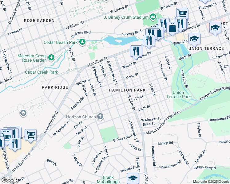 map of restaurants, bars, coffee shops, grocery stores, and more near 2437 West Fairview Street in Allentown