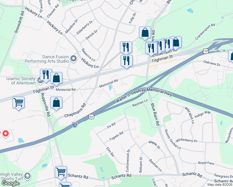 map of restaurants, bars, coffee shops, grocery stores, and more near 537 Ponds Edge Lane in Allentown