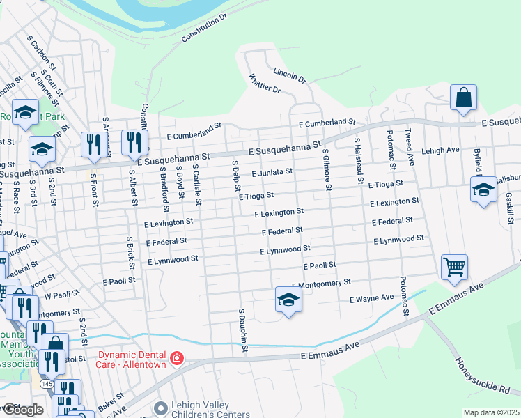 map of restaurants, bars, coffee shops, grocery stores, and more near 447 East Lexington Street in Allentown