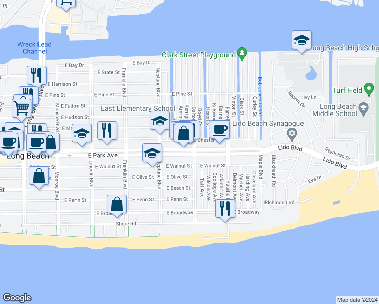 map of restaurants, bars, coffee shops, grocery stores, and more near 395 Roosevelt Boulevard in Long Beach