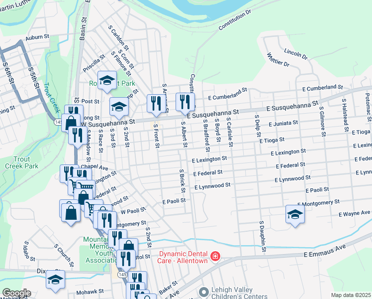 map of restaurants, bars, coffee shops, grocery stores, and more near 1405 South Albert Street in Allentown