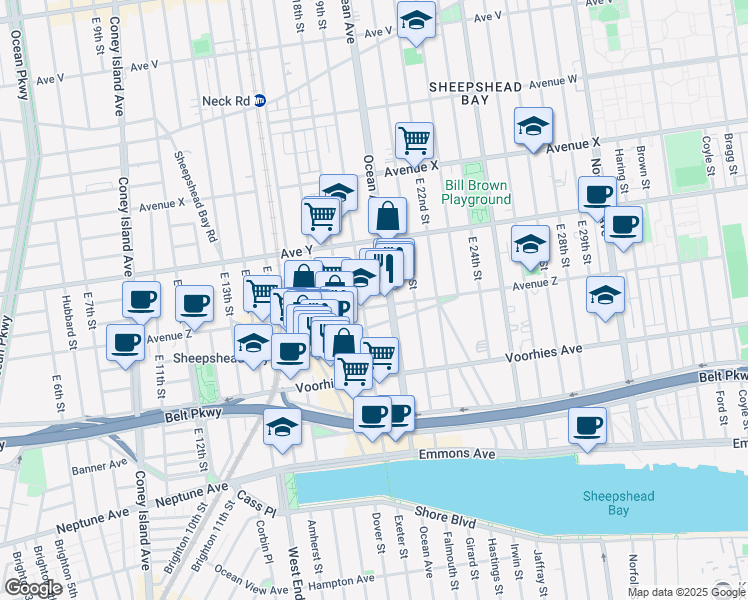 map of restaurants, bars, coffee shops, grocery stores, and more near 1913 Avenue Z in Brooklyn