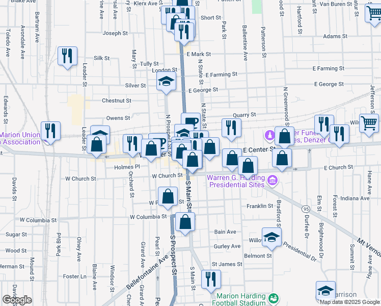 map of restaurants, bars, coffee shops, grocery stores, and more near in Marion