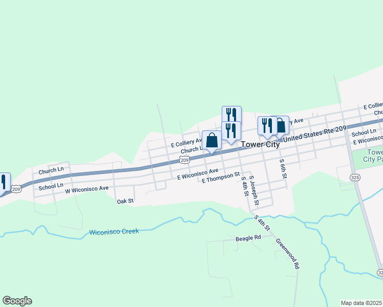 map of restaurants, bars, coffee shops, grocery stores, and more near 115 East Grand Avenue in Tower City