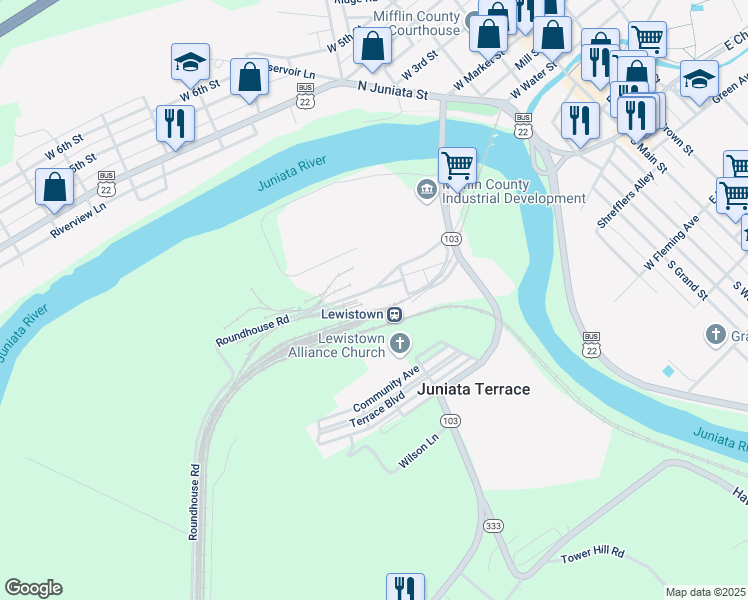 map of restaurants, bars, coffee shops, grocery stores, and more near 715 Roundhouse Road in Lewistown