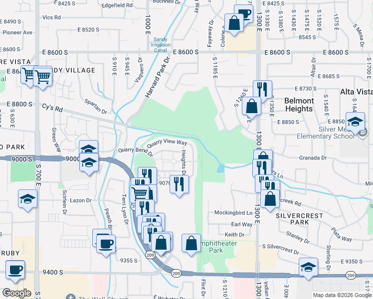 map of restaurants, bars, coffee shops, grocery stores, and more near 8947 Heights Drive in Sandy