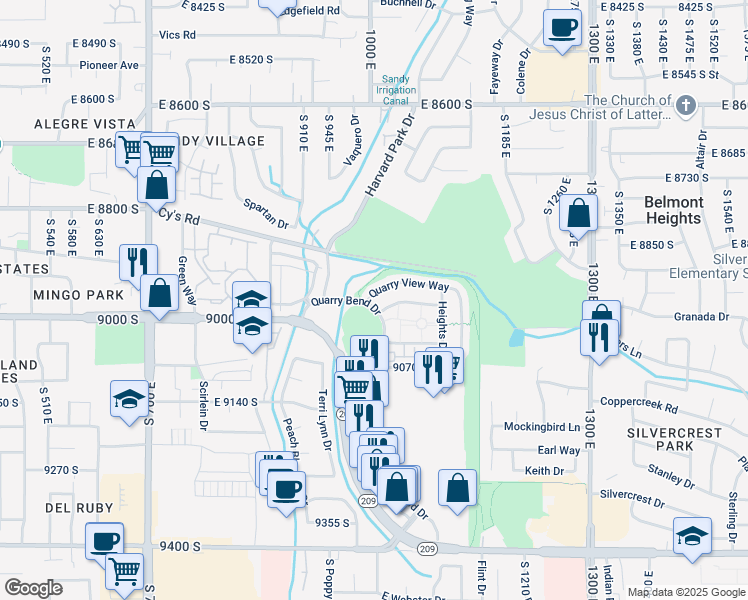 map of restaurants, bars, coffee shops, grocery stores, and more near 1006 Quarry View Way in Sandy