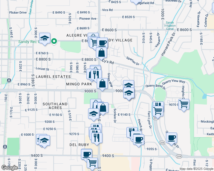 map of restaurants, bars, coffee shops, grocery stores, and more near 8955 700 East in Sandy