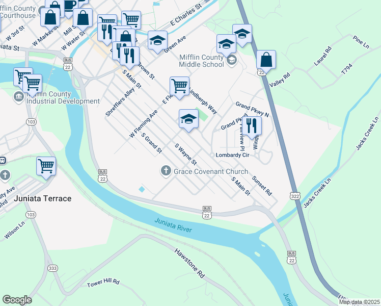 map of restaurants, bars, coffee shops, grocery stores, and more near 625 South Wayne Street in Lewistown