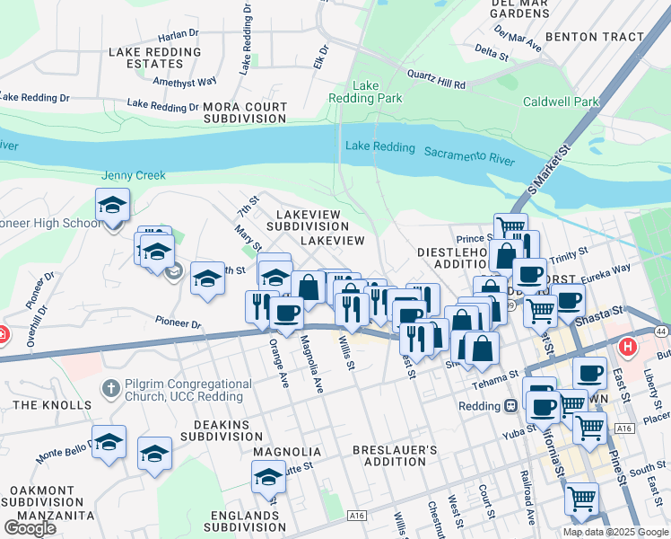 map of restaurants, bars, coffee shops, grocery stores, and more near 963 West Street in Redding