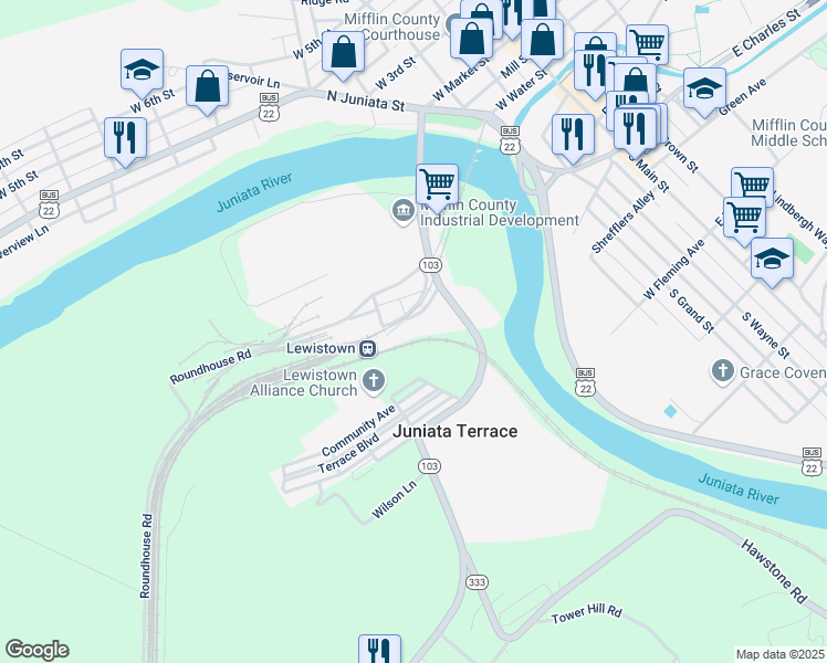 map of restaurants, bars, coffee shops, grocery stores, and more near 120 Helen Street in Lewistown