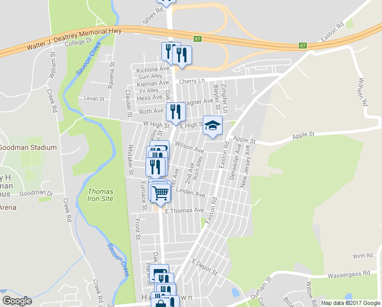 map of restaurants, bars, coffee shops, grocery stores, and more near 1335 1st Avenue in Hellertown