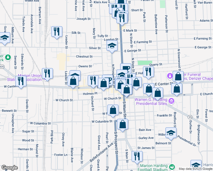 map of restaurants, bars, coffee shops, grocery stores, and more near 196 West Center Street in Marion