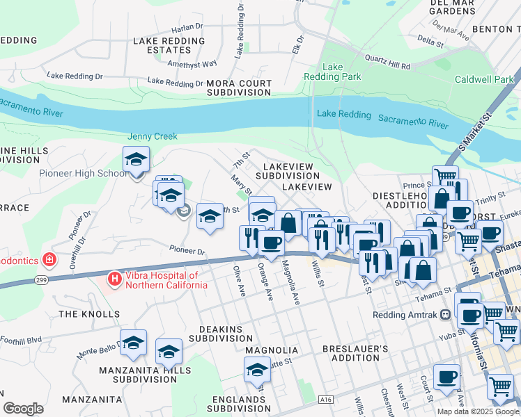 map of restaurants, bars, coffee shops, grocery stores, and more near 900 Magnolia Avenue in Redding