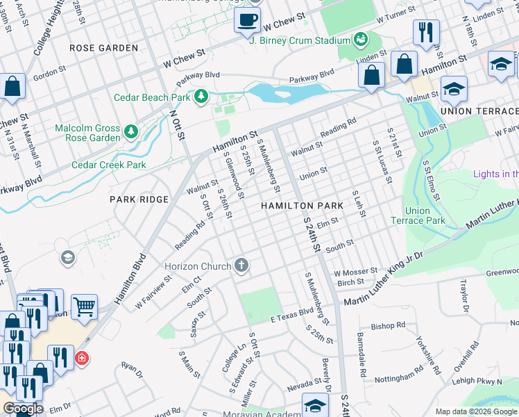 map of restaurants, bars, coffee shops, grocery stores, and more near 219 South Glenwood Street in Allentown