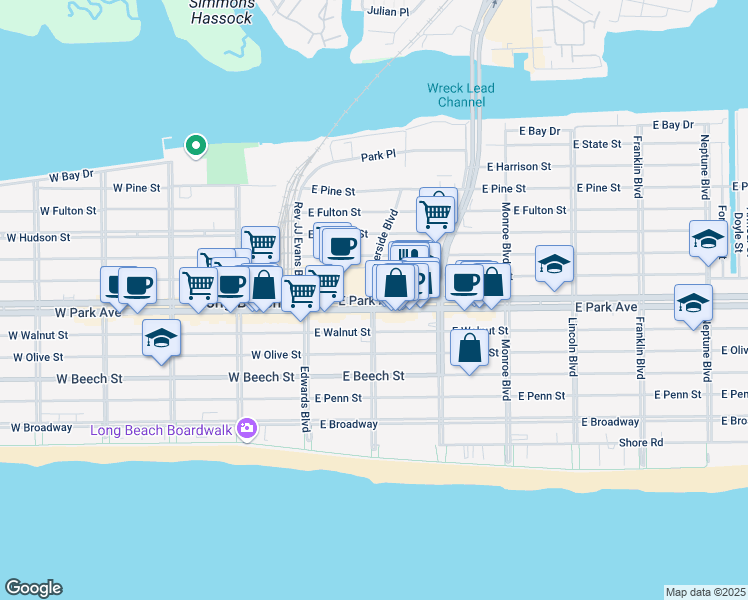 map of restaurants, bars, coffee shops, grocery stores, and more near 101 East Park Avenue in Long Beach