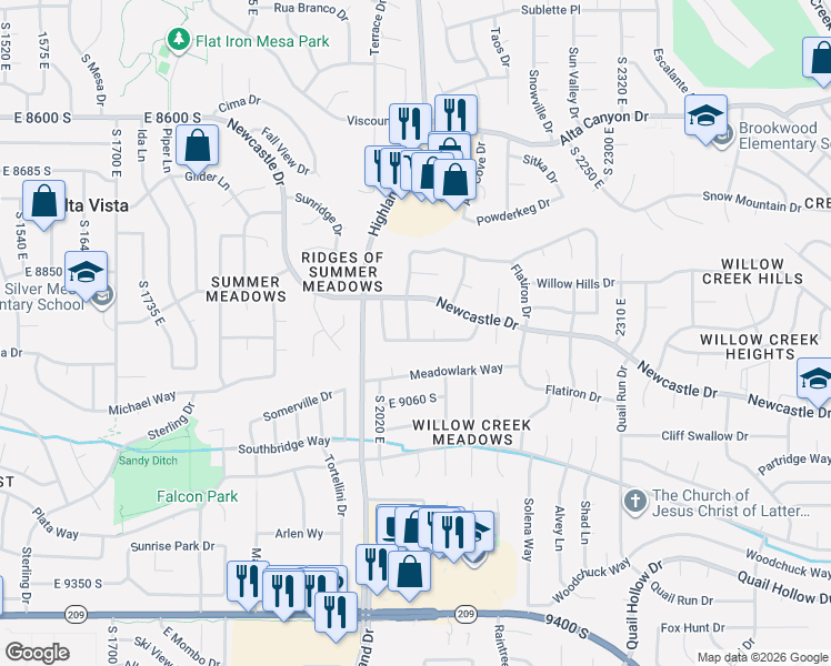 map of restaurants, bars, coffee shops, grocery stores, and more near 8952 Greenwich Lane in Sandy