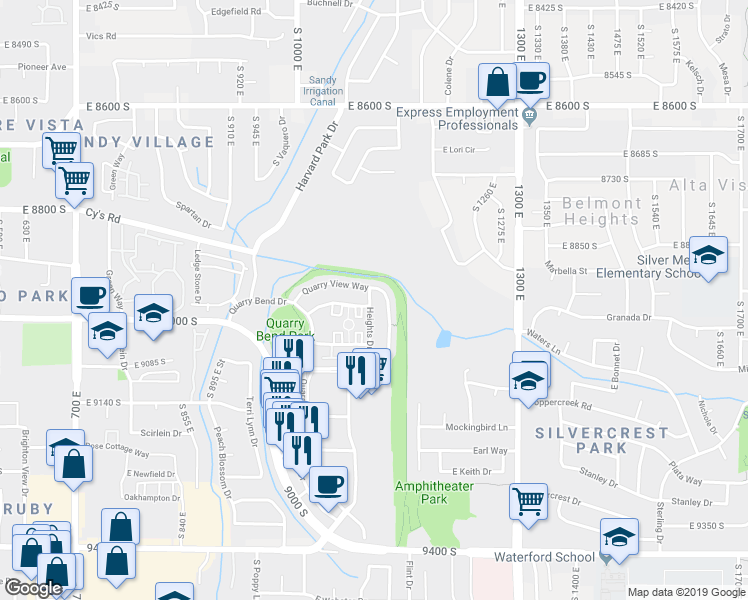 map of restaurants, bars, coffee shops, grocery stores, and more near 8955 Heights Drive in Sandy