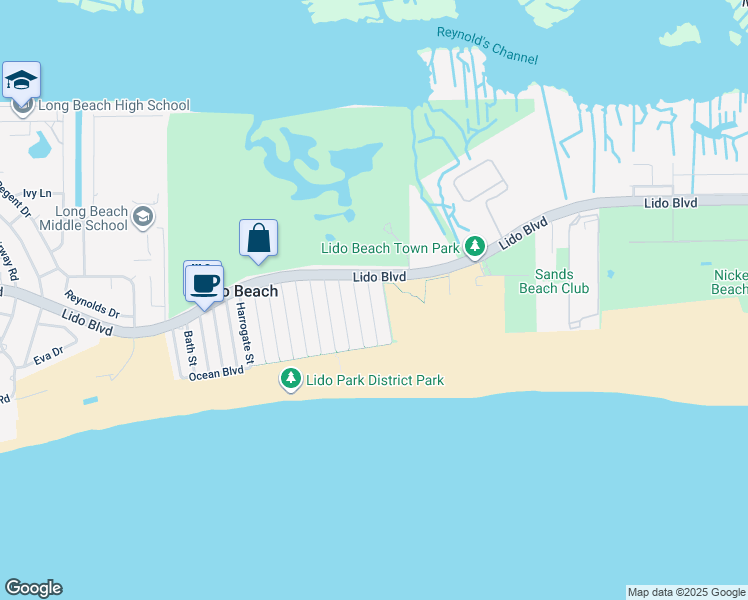 map of restaurants, bars, coffee shops, grocery stores, and more near 35 Saratoga Street in Lido Beach