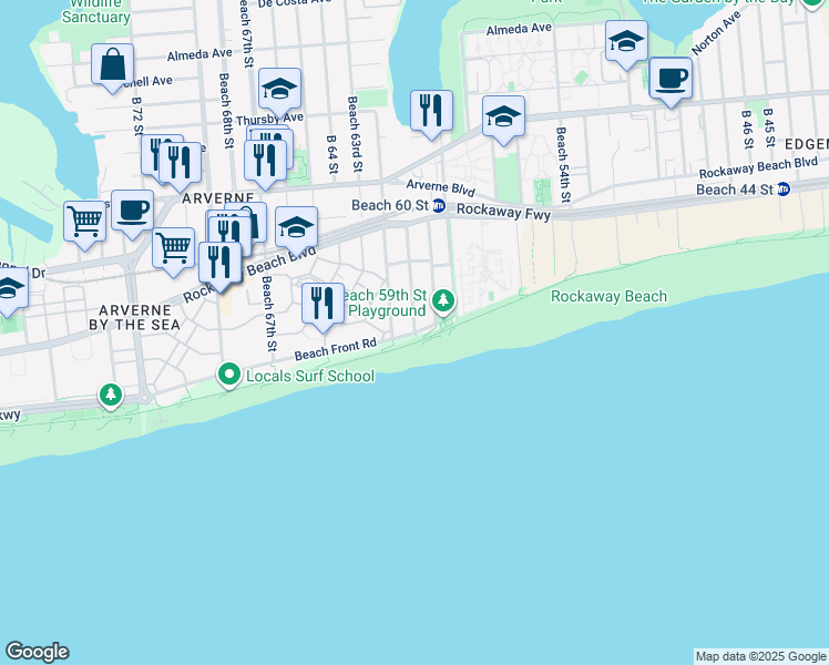 map of restaurants, bars, coffee shops, grocery stores, and more near 6016 Boardwalk in Queens