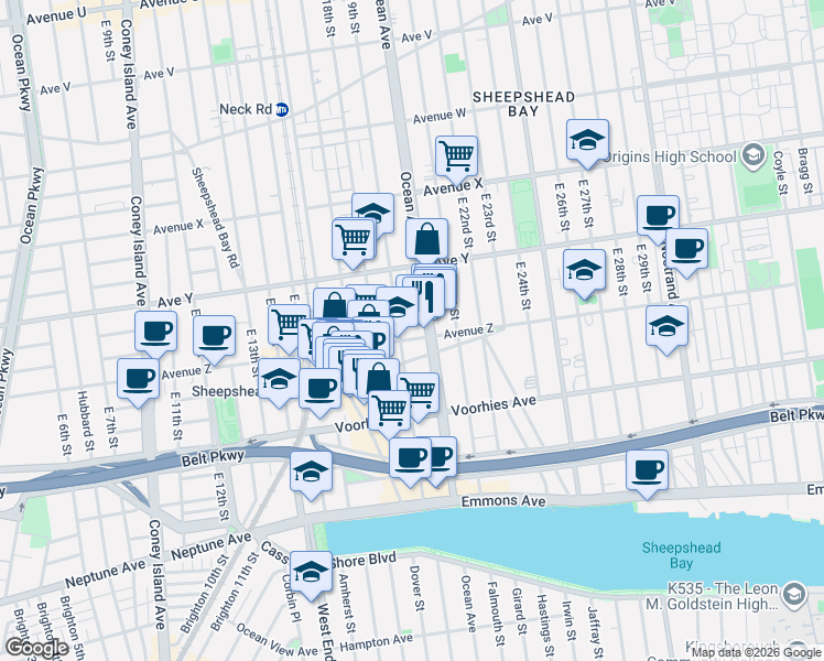 map of restaurants, bars, coffee shops, grocery stores, and more near 1913 Avenue Z in Brooklyn