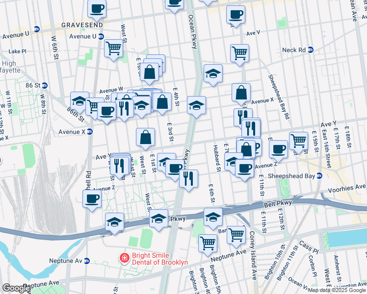 map of restaurants, bars, coffee shops, grocery stores, and more near 2514 Ocean Parkway in Brooklyn