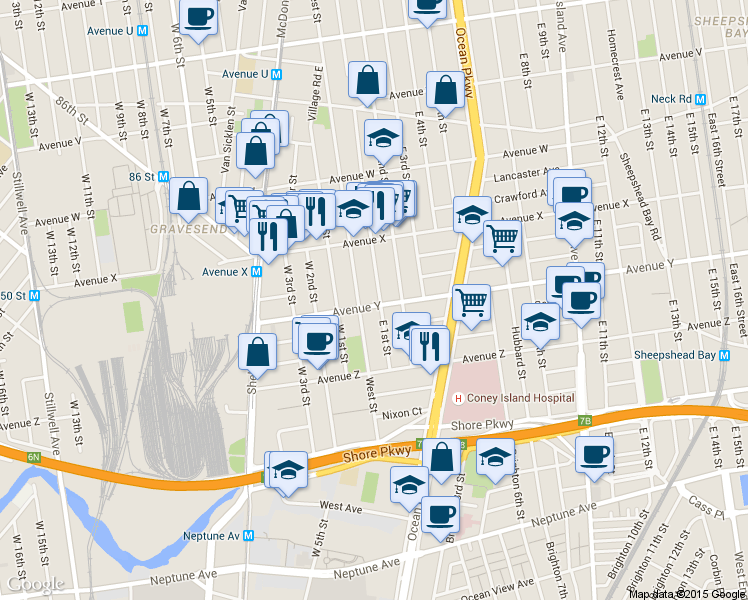 map of restaurants, bars, coffee shops, grocery stores, and more near 447 Avenue Y in Brooklyn