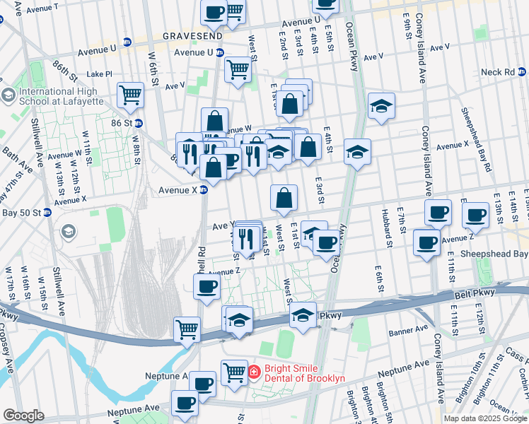 map of restaurants, bars, coffee shops, grocery stores, and more near 2482 West 1st Street in Brooklyn