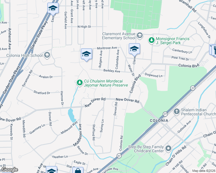 map of restaurants, bars, coffee shops, grocery stores, and more near 31 Warwick Road in Woodbridge Township