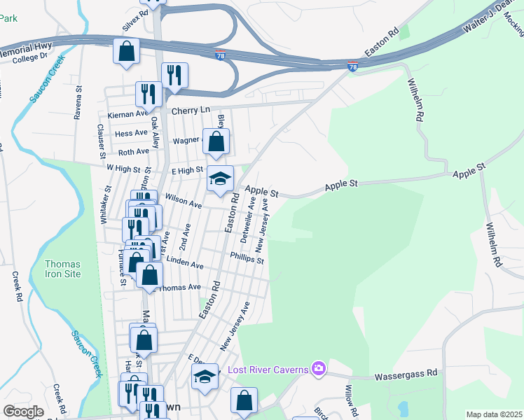 map of restaurants, bars, coffee shops, grocery stores, and more near 1408 New Jersey Avenue in Hellertown