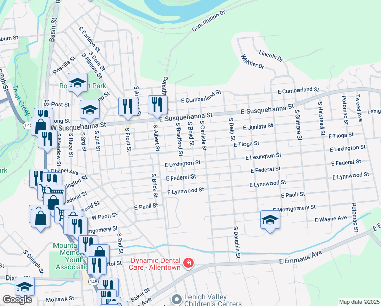 map of restaurants, bars, coffee shops, grocery stores, and more near 202 East Tioga Street in Allentown