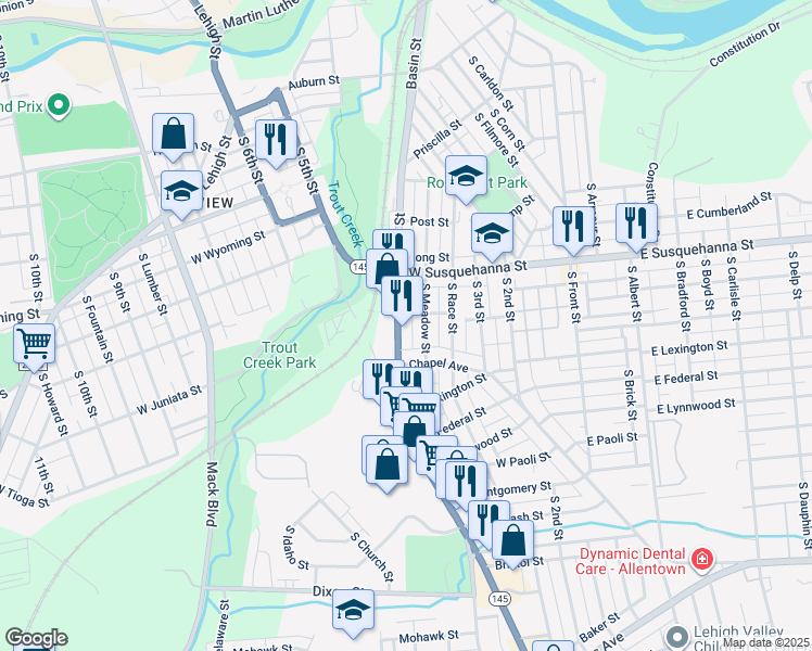 map of restaurants, bars, coffee shops, grocery stores, and more near 1320 South Meadow Street in Allentown