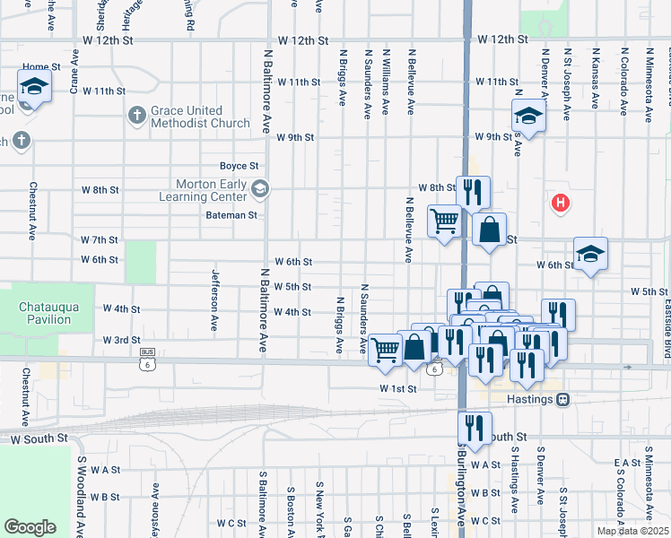 map of restaurants, bars, coffee shops, grocery stores, and more near 507 North Briggs Avenue in Hastings