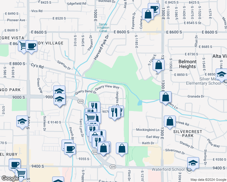 map of restaurants, bars, coffee shops, grocery stores, and more near 1091 Quarry Park Drive in Sandy
