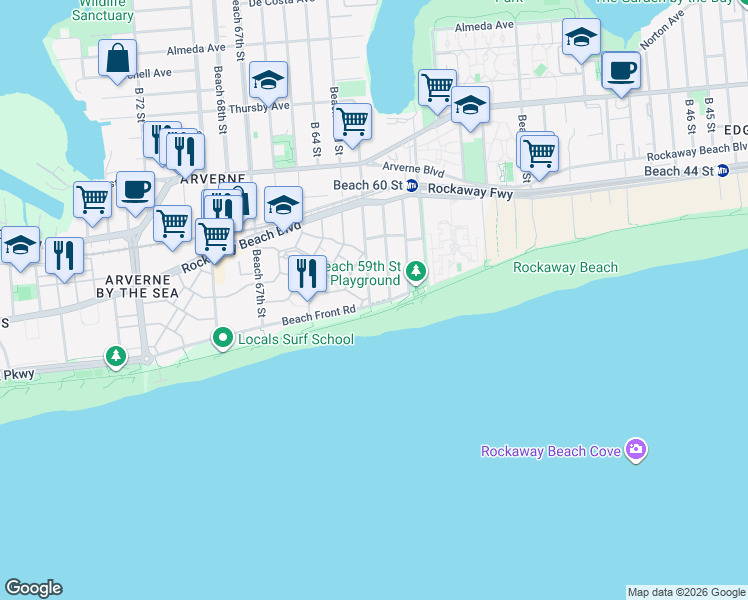 map of restaurants, bars, coffee shops, grocery stores, and more near 6116 Beach Front Road in Queens