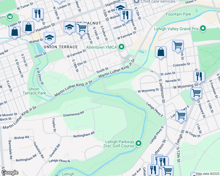 map of restaurants, bars, coffee shops, grocery stores, and more near 1613 Lehigh Parkway East in Allentown