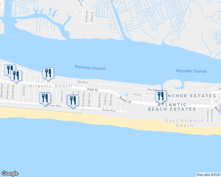 map of restaurants, bars, coffee shops, grocery stores, and more near 1618 Park Street in Atlantic Beach