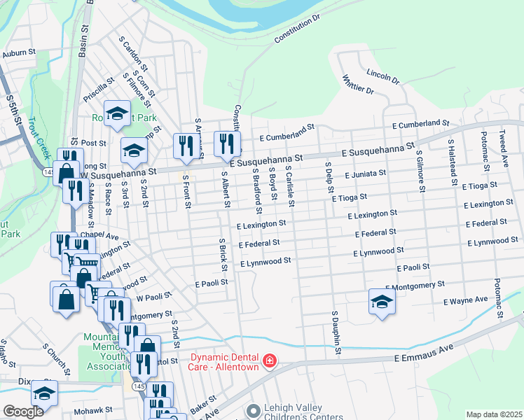 map of restaurants, bars, coffee shops, grocery stores, and more near 202 East Tioga Street in Allentown