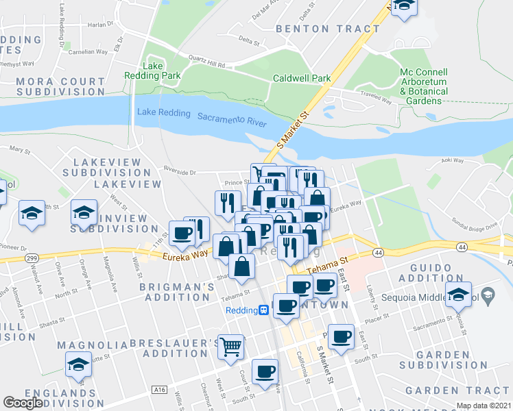 map of restaurants, bars, coffee shops, grocery stores, and more near 1458 Trinity Street in Redding