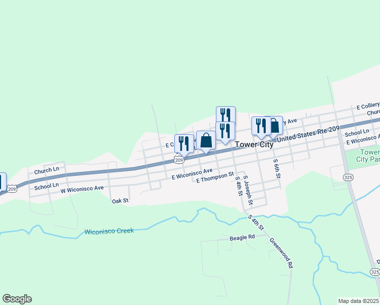 map of restaurants, bars, coffee shops, grocery stores, and more near 125 East Grand Avenue in Tower City