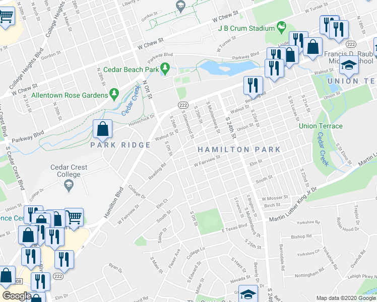map of restaurants, bars, coffee shops, grocery stores, and more near 2540 Union Street in Allentown