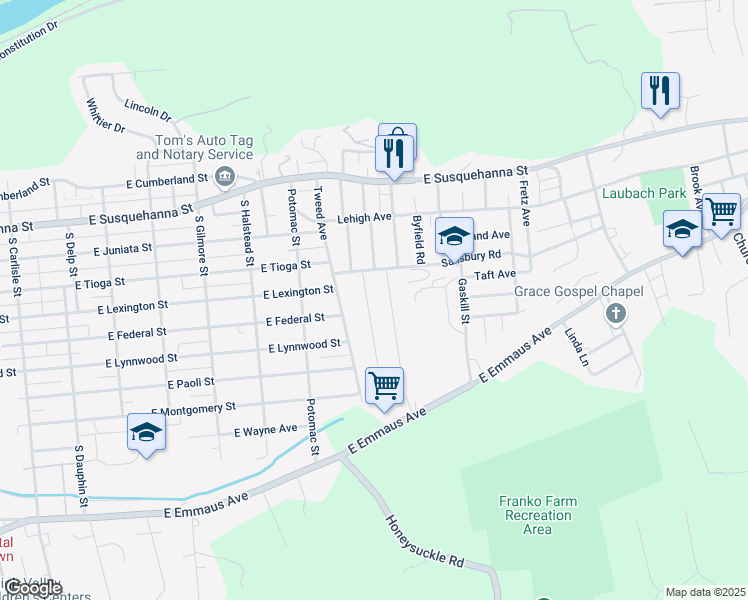 map of restaurants, bars, coffee shops, grocery stores, and more near 1519 Maumee Avenue in Allentown