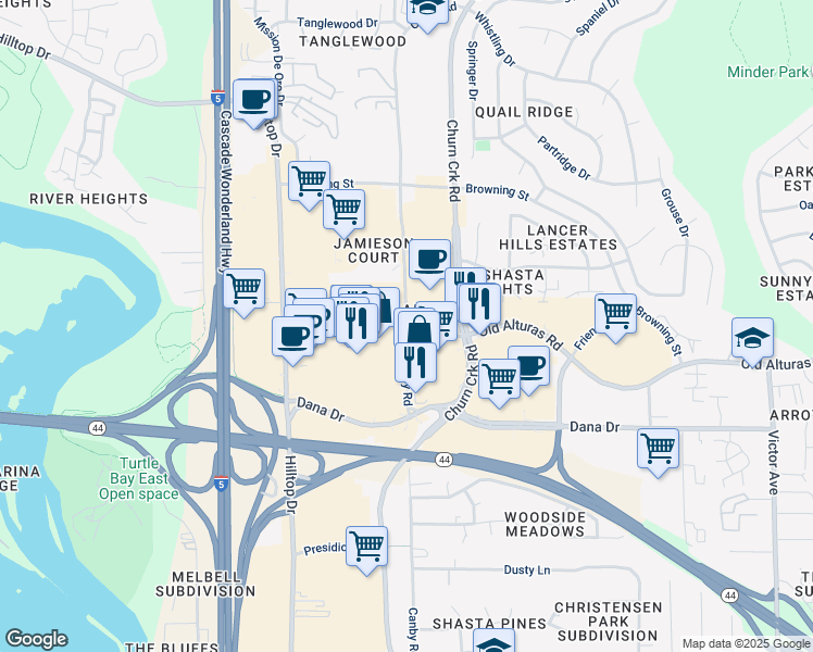 map of restaurants, bars, coffee shops, grocery stores, and more near 168a Canby Road in Redding