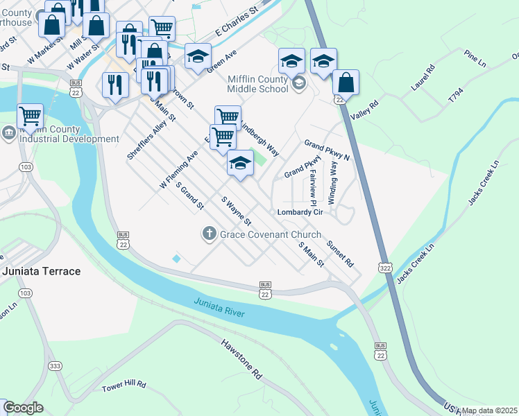 map of restaurants, bars, coffee shops, grocery stores, and more near 708 South Main Street in Lewistown