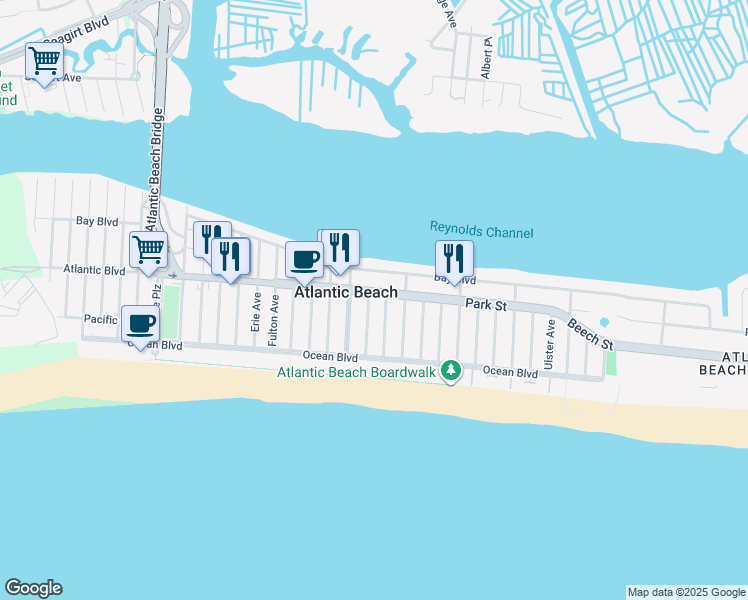map of restaurants, bars, coffee shops, grocery stores, and more near 82 Kings Avenue in Atlantic Beach