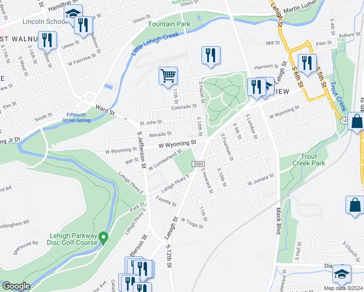 map of restaurants, bars, coffee shops, grocery stores, and more near 1068 West Wyoming Street in Allentown