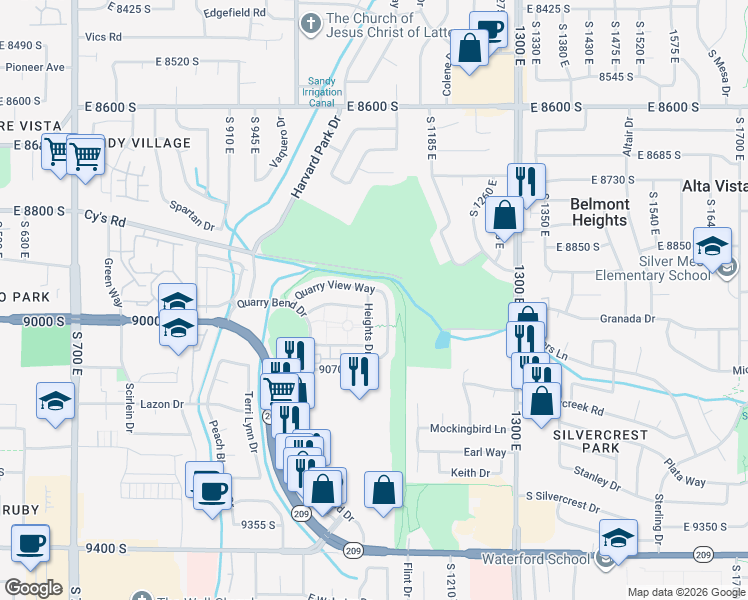 map of restaurants, bars, coffee shops, grocery stores, and more near 8955 Heights Drive in Sandy